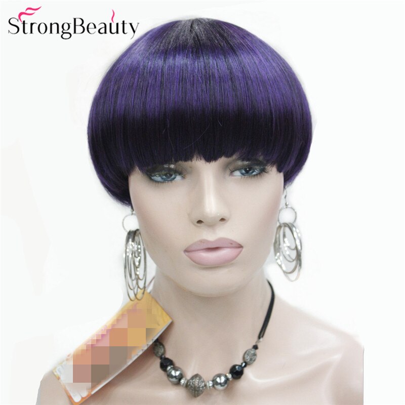 Strongbeauty korta peruker kvinnor syntetisk brunt/lila hår svamp frisyr fiber kapslös peruk