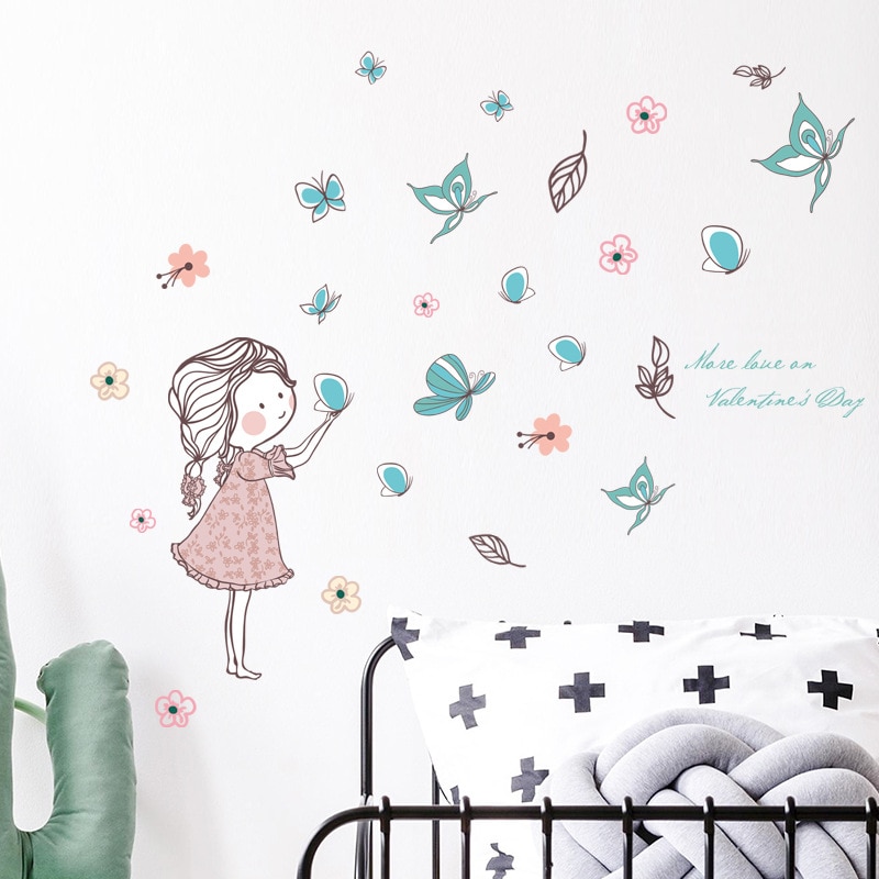 Flying Butterfly Girl Wall Stickers Bedroom Girls Room Home Decoration Art Mural Cartoon Stickers Children's Room Wallpaper