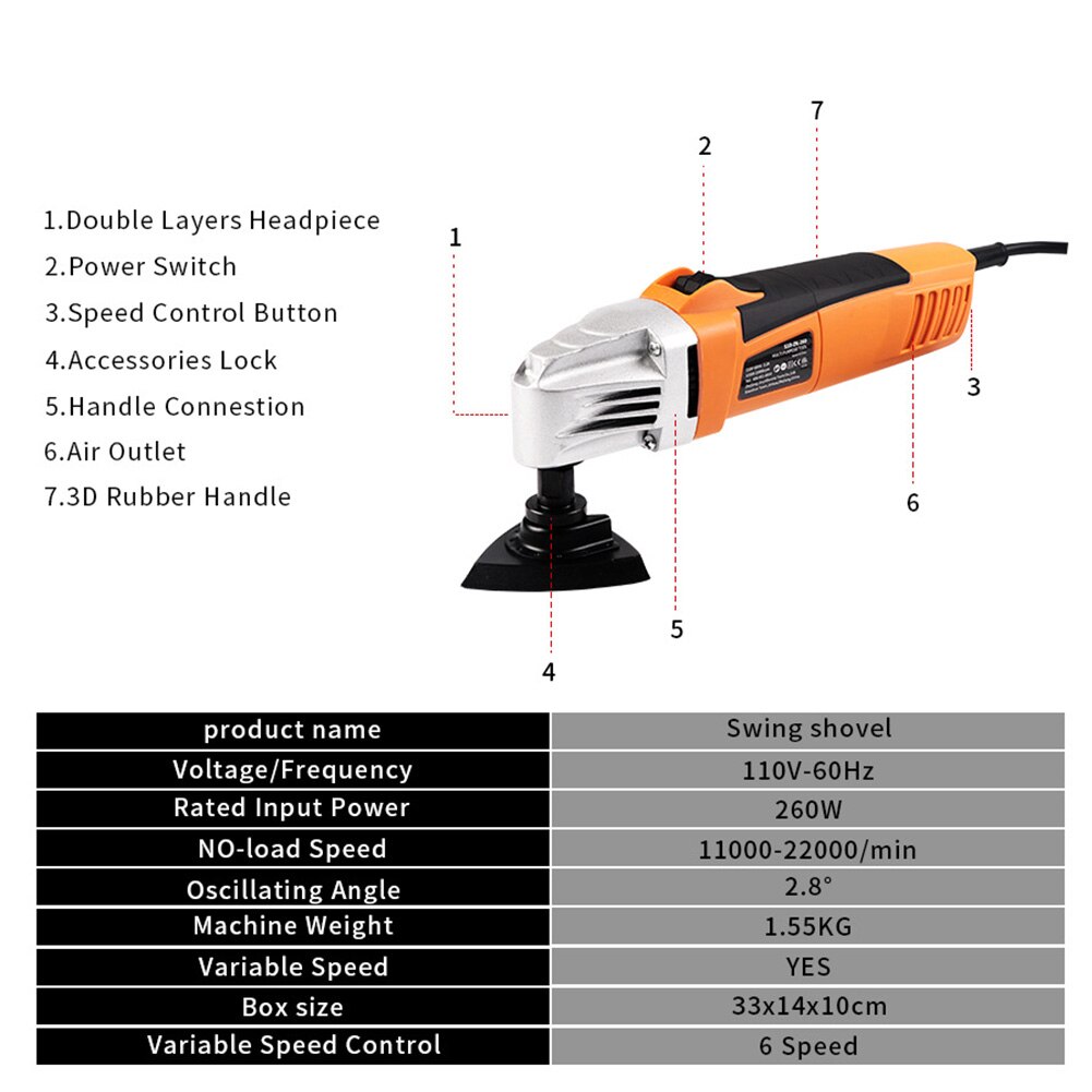 11000-22000rpm Electric Woodworking Oscillating Multi Tool Trimmer Grout Removal Cutting Sanding 6 Variable Speeds Pure Copper