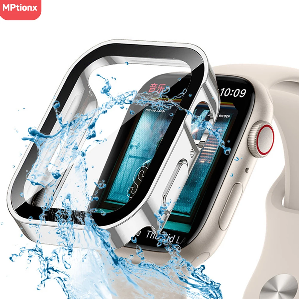 Glas + wasserdichtes Gehäbenutzen für Apfel Uhr 7, 8, 9, 45 mm, 41 mm, Displayschutzfolie, harter PC-Stoßfänger für iWatch Serie 6, 5, 4 SE 40 mm, 44 mm Abdeckung