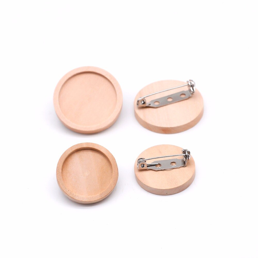10 unids/lote de broches de cabujón de madera en blanco, ajustes de Base, 20 25 30 40mm de diámetro, bandeja de bisel redondo, broches Diy, respaldos de Pin para fabricación de joyas