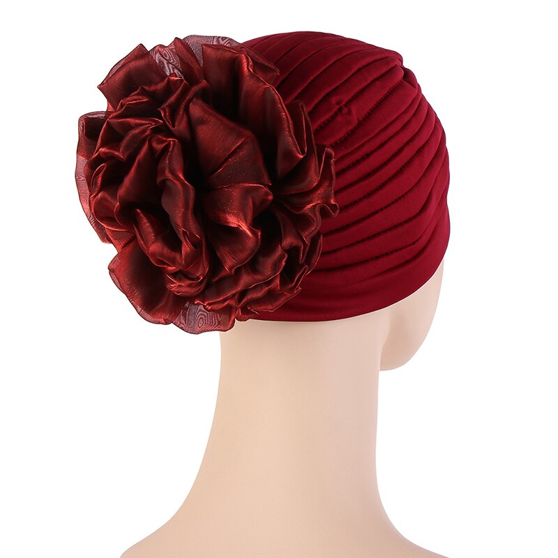 Solid Color Turban Hat Female Stylish Indian Exaggerated Big Flower Turban Hat Western Style Comfortable Pullover Hat: wine red