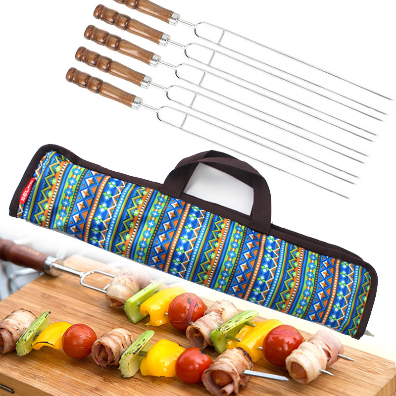 5 stücke draussen BBQ gegrillte Gabel edelstahl unterschrift Holz griff U-typ nadel picknick Grill gabel rotisserie lange spieße