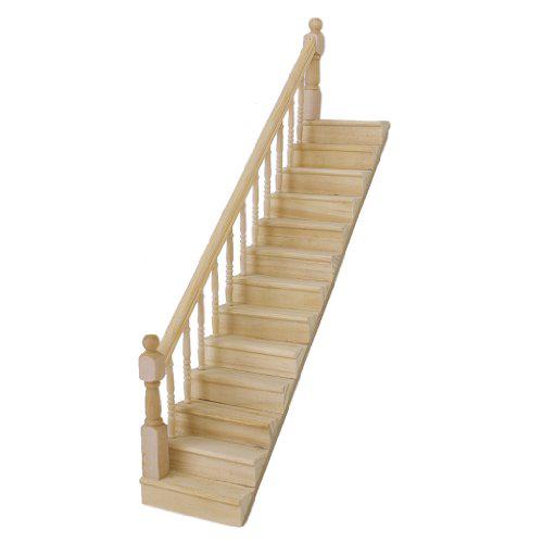 Kuulee 1:12 Dollhouse Pre-Assembled Staircase Wooden Stair Stringer Step with Left Handrail