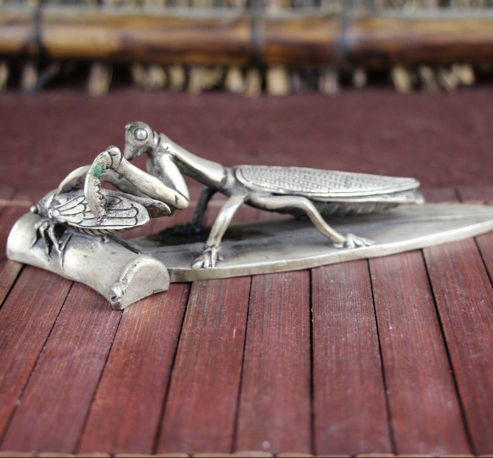 Copper Statue Copper gilded silver study home furnishings Bamboo leaf Mantis catching Zen