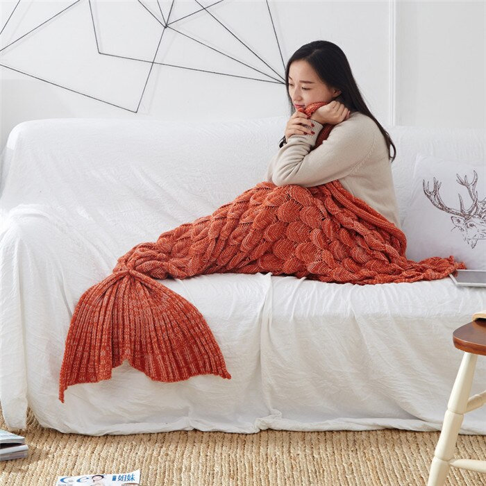 JDDTON Mermaid Tail Blanket Adult Knitted Soft Comfort Colorful Blankets Home Picnic Warm Crochet Handmade Sleeping Bag BE147: Orange / 60x140cm