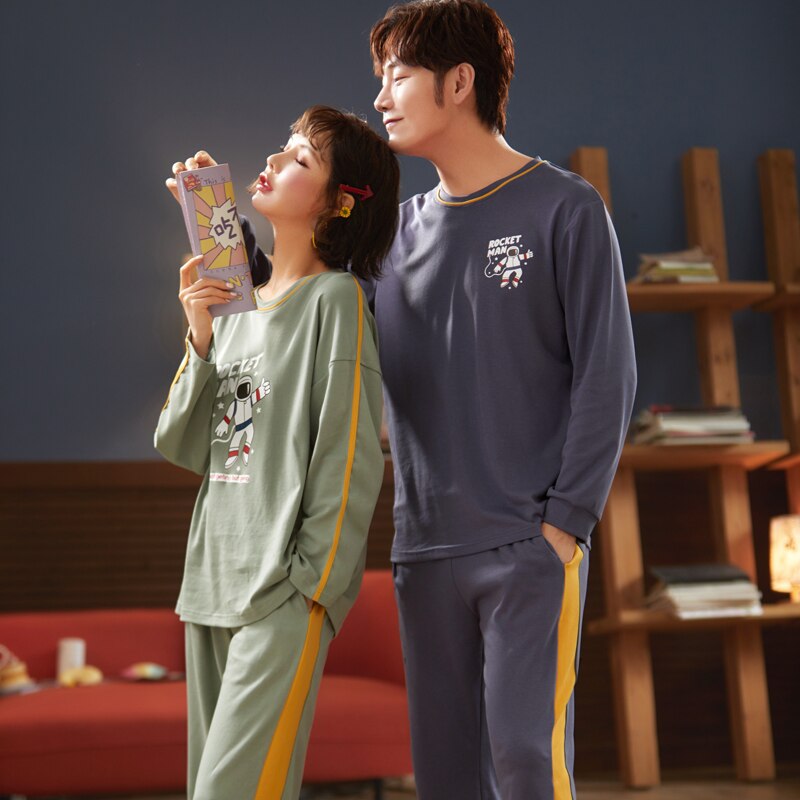 Conjunto de pijamas de pareja con estampado a cuadros otoño e invierno cálido algodón mujer y hombre Pijamas de manga larga ropa de dormir hombres Lounge Pijama