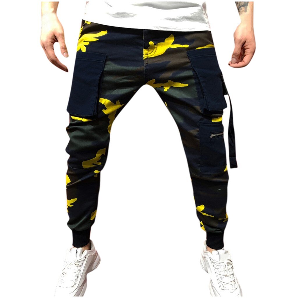 Jean déchiré hommes pantalon maigre mince droite hommes pantalon avec pantalon bas Harajuku Style Camouflage crayon pantalon hommes vêtements: Jaune / M