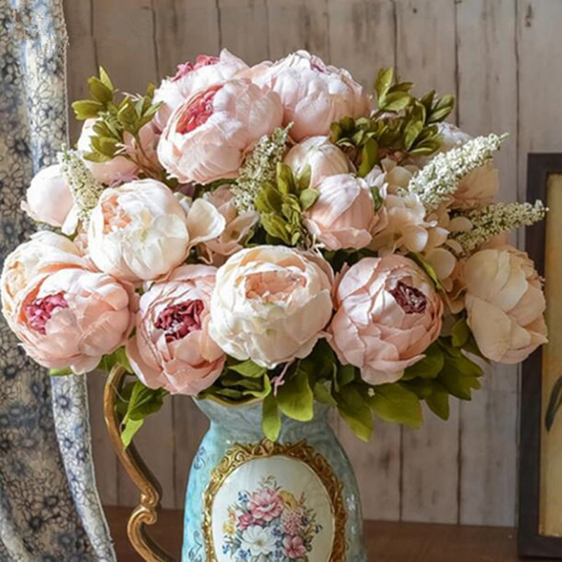 13 grener små ferske, kunstig silkepionbuketter store blomster til bryllupsfest kontorhotell og hjemmedekorasjon