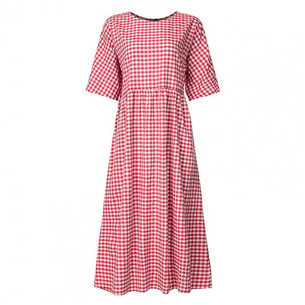 Short Sleeve Dress Stylish Check Print Maxi Dress for Women A-line Silhouette Short Sleeves Pleated for Commuting Dating: XL / Red