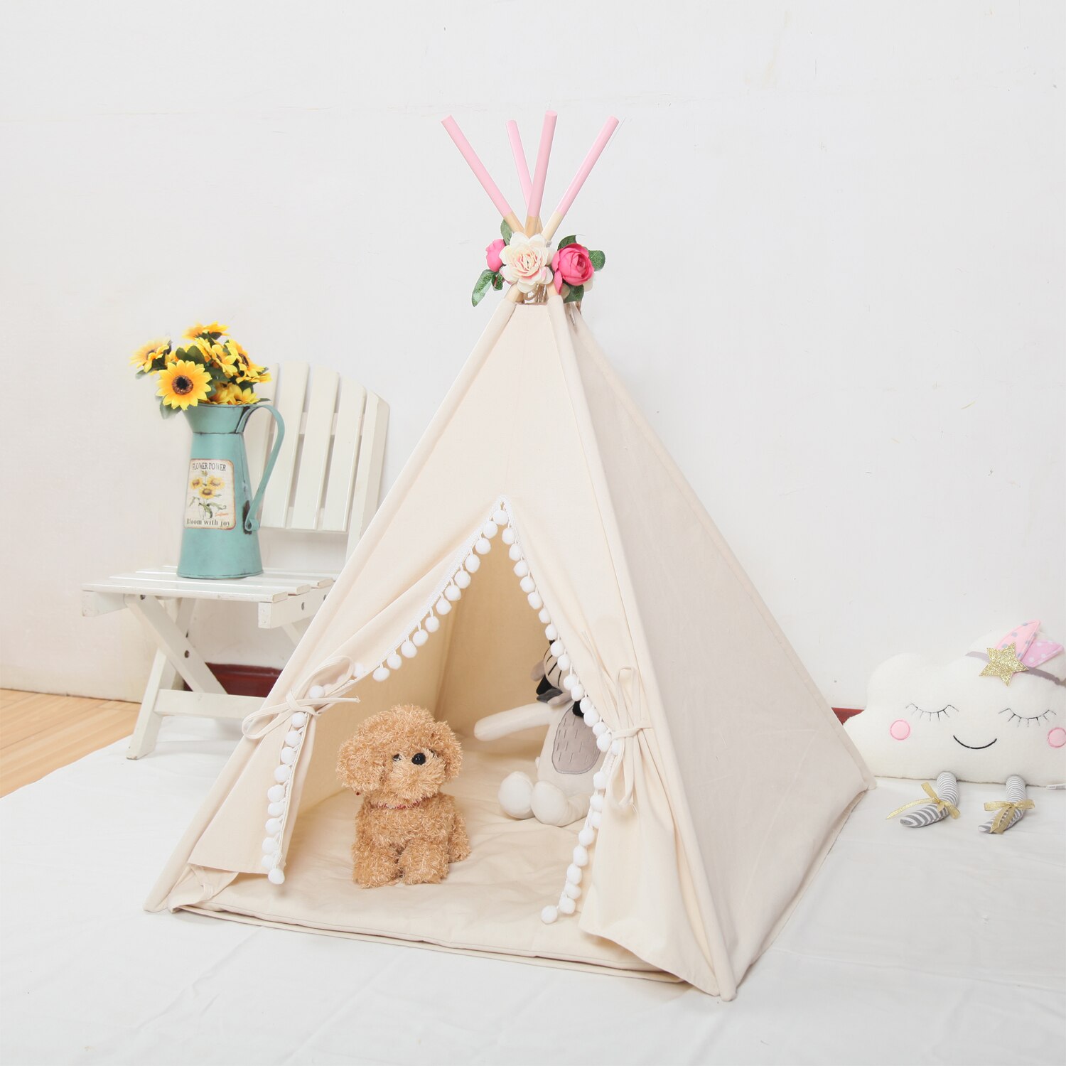 Natural Canvas PomPoms Hedgehog Teepee Guinea Pig Bed, Small Pet Teepee,Pet Tipi