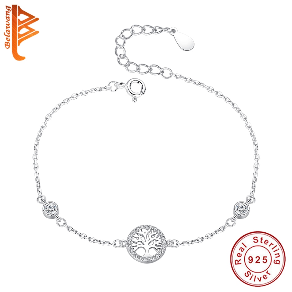 BELAWANG 100% 925 Sterling Silver Tree of Life Bracelet Women Adjustable Link Chain Bracelet Silver Jewelry