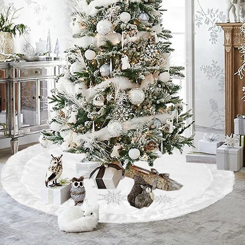 White Christmas Tree Skirt With Thick Faux Fur Snowflake Christmas Tree Carpet Xmas Decorations Home Christmas Decorations