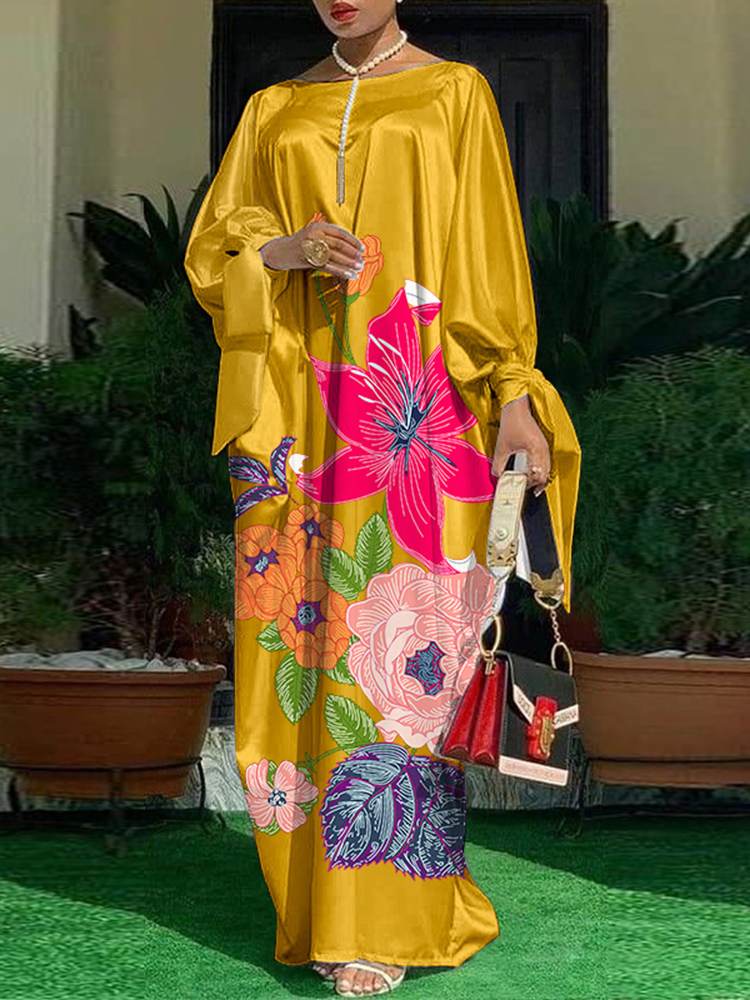 VONDA Bohemian Maxi Sundress Women Floral Printed Satin Silk Dress Autumn Casual Loose Long Sleeve Party Robe Femme