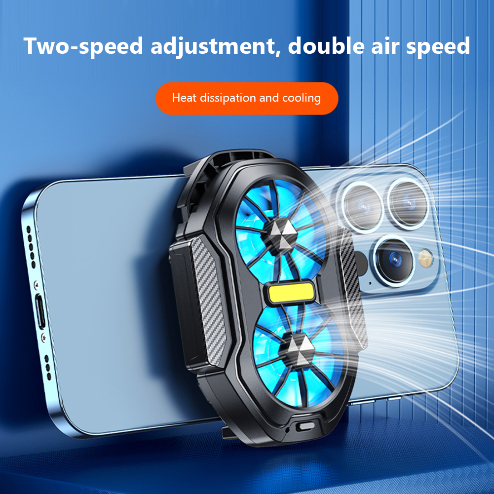 Dual Fan Mobile Phone Cooler Plug-in/Rechargeable Cell Phone Cooling Fan Type-C with Blue Light for Android IOS PUBG Game Cooler
