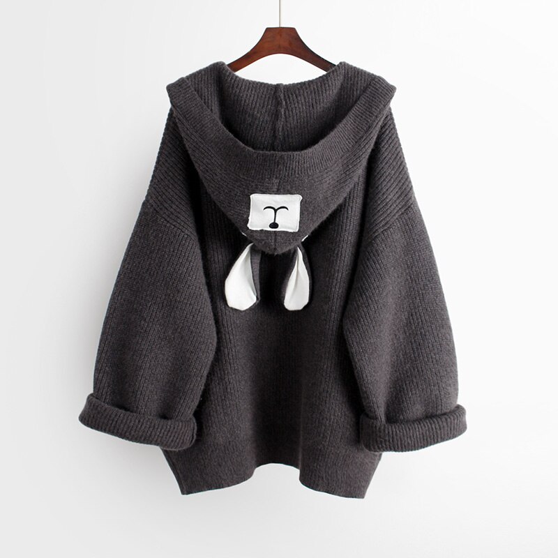 Neploe, suéter de punto con capucha para mujer, aplique de dibujos animados, abrigo de ropa de punto larga medio suelto, Otoño Invierno , punto abierto
