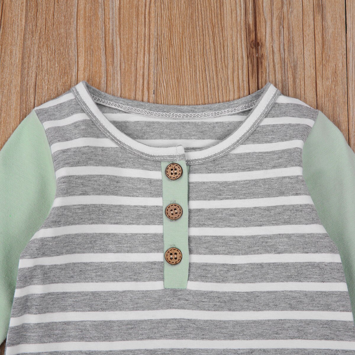 Infant Baby Girl Boy Patchwork Pocket Clothes Set, Babies Grey Stripe Round Collar Long Sleeve Romper + Cap, 3-24 Months