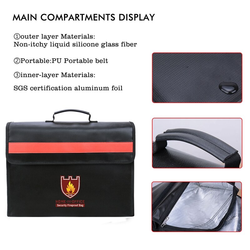 Fireproof Document Bag Non-Itchy Fiberglass Cloth Waterproof Holder With Shoulder Strap Handle Bag