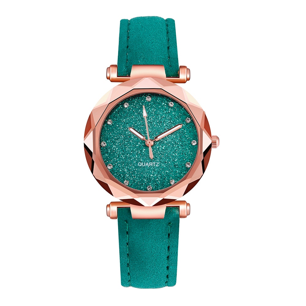 Ladies Korean Rhinestone Rose Gold Quartz Watch Female Belt Watch montre femme часы женские zegarki damskie: Green