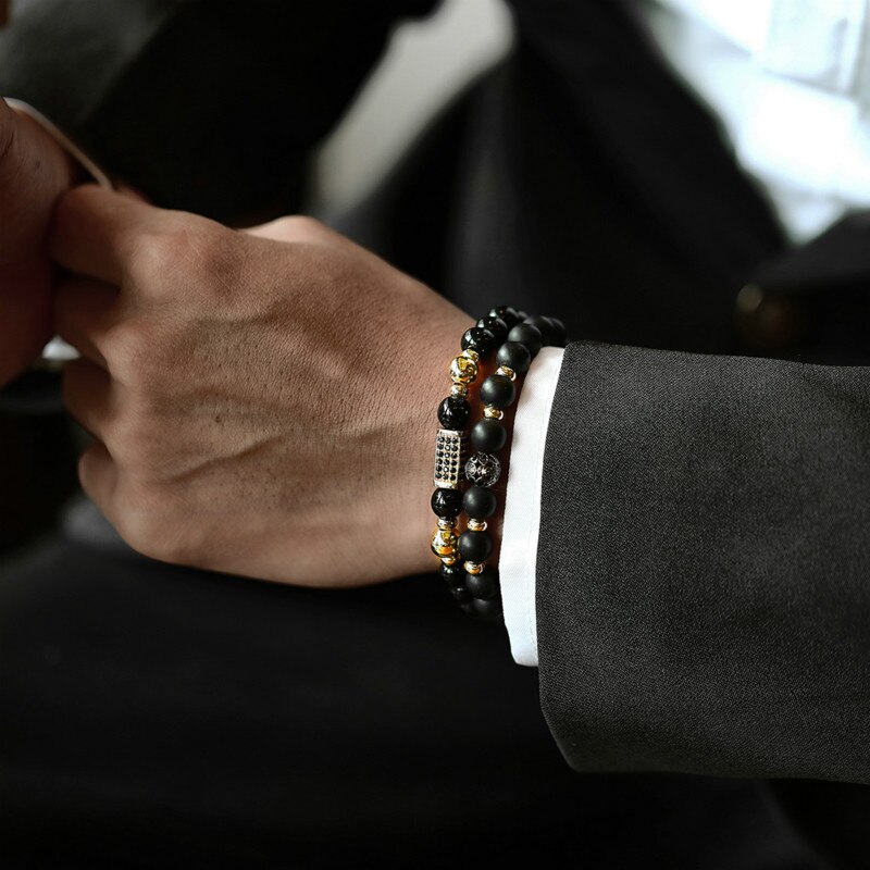 Conjunto de 2 unids/set de pulsera de corona de León para hombre, brazalete clásico de cuentas de piedra de Lava mate, pavé CZ, de joyería: 8