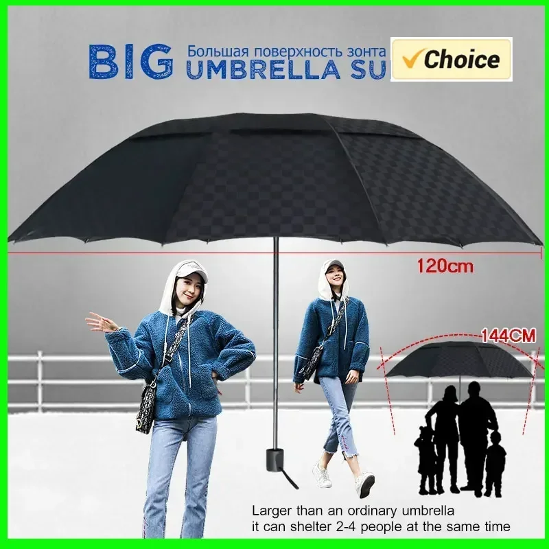 Double Layer 3Folding Umbrella Rain Women Men Big 10K Windproof Business Umbrellas Male Dark Grid Parasol Family Travel Paraguas