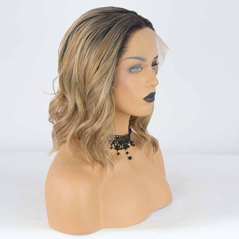 Bombshell Zwart Ombre Mix Blonde Synthetische Lace Front Pruik Korte Golf Hittebestendige Vezel Haar Middenscheiding Voor Vrouwen Pruiken