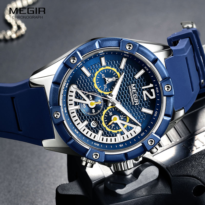 Megir Army Sport Waterdichte Quartz Horloges Voor Mannen Blauw Siliconen Stopwatch Relojios Masculinos Klok Lichtgevende 2083GBE-2