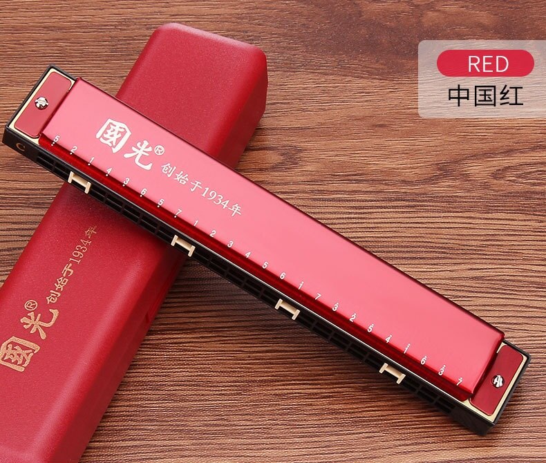 Guoguang 24 otwory harmonijka tremolo C kluczowa harmonijka polifoniczna harmonijka ustna z futerałem: czerwony