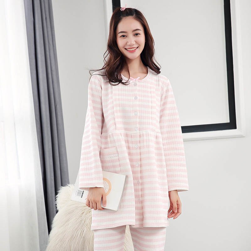Graviditets plejesæt gravid pyjamas nattøj til efter fødslen bomuldstoppe og bukser langærmet tøj stribet pyjamas til gravide: Lyserød / Xl