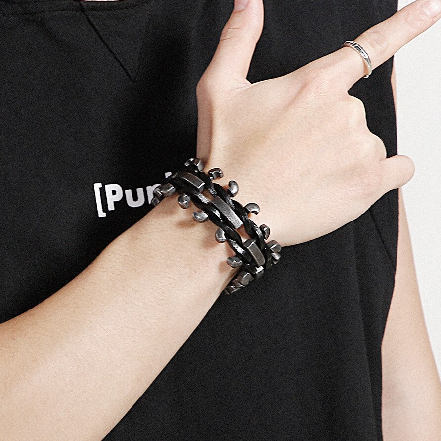 Gevlochten Leer Op Hand Armband Met Gesp Jongens Armbanden Rvs Heren Biker Sieraden Accessoires Manchet Bangle