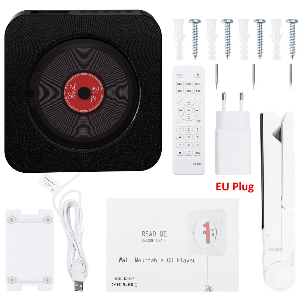 ELECTOP Wall Mounted CD Player Surround Sound FM Radio Bluetooth USB MP3 Disk Music Player Remote Control Stereo Speaker Home: Black with EU Plug