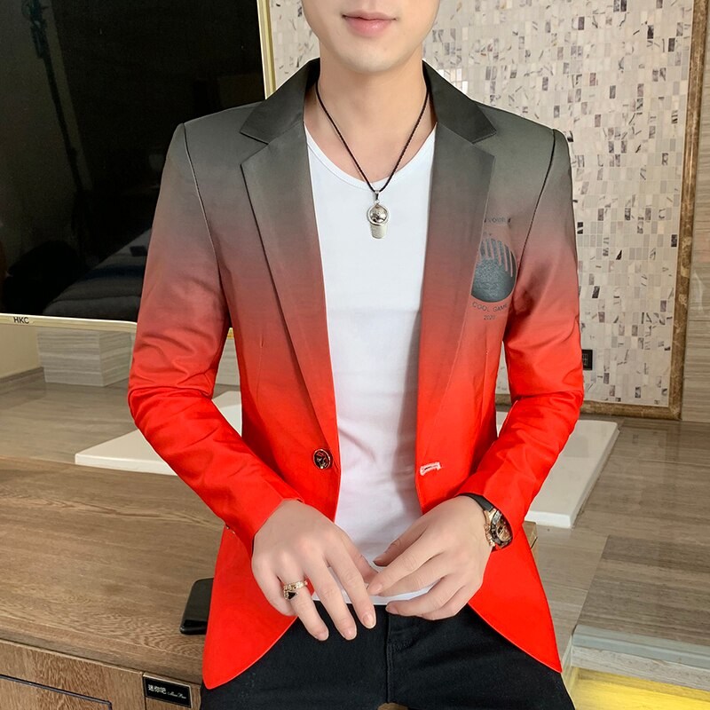 Herre koreansk slim fit blazer jakkesæt rød orange hvid colorblock jakkesæt mandlige blazere bryllupskostumer sangere jakke: Rød / Xxl