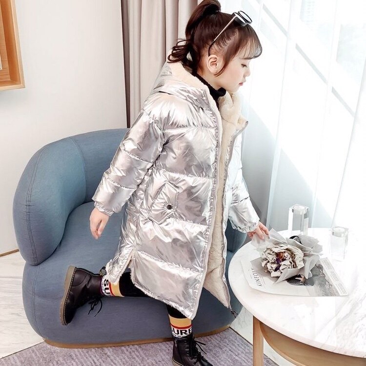 Pink Gilding Fabric Glossy Long Jacket Winter for Girls Hooded Warm Glossy Down Cotton Boys Outerwear Children's Parkas Coats