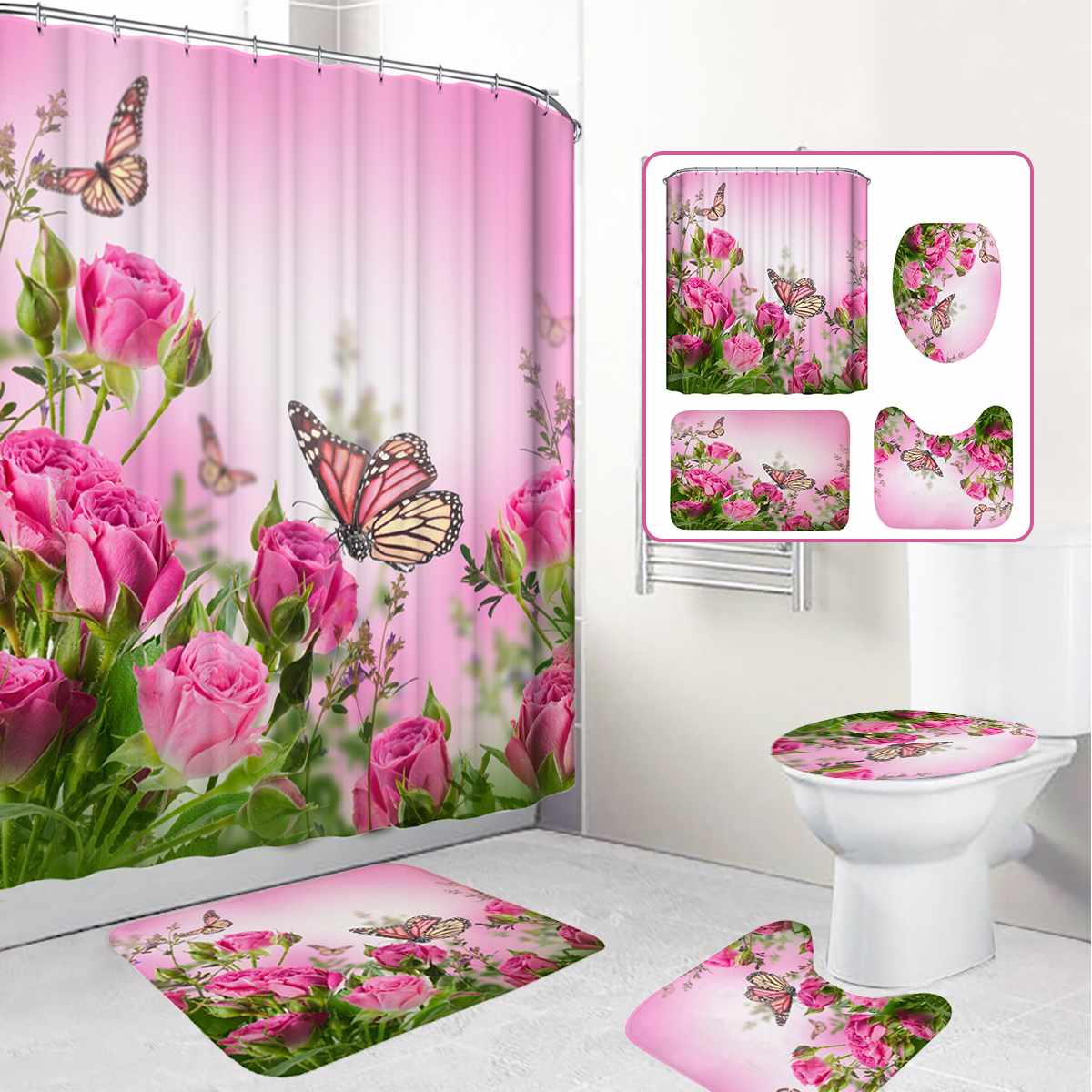 Fjäril badrum duschdraperi set blomma rosa ros badrumsgardin toalettsits överdrag mattor halkfri badmatta heminredning: 4 st set