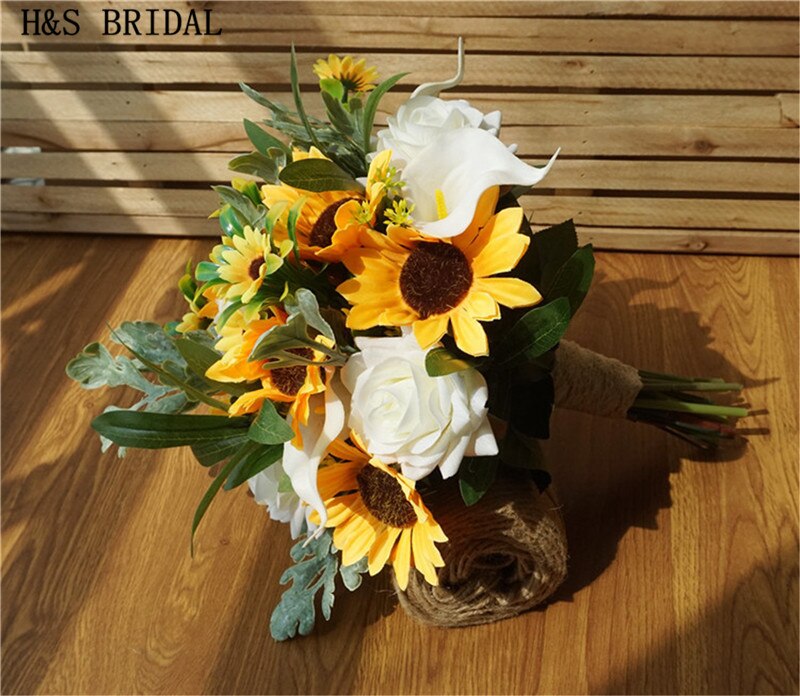 H&amp;S BRIDAL Sunflower Wedding bouquet Calla Lily Sun Flower Bridal Bouquets Yellow Bridesmaid bouquets Artificial Wedding Flower