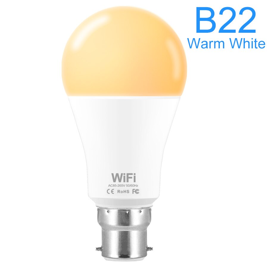 WiFi Smart LED Light Bulb Dimmable Timing Energy-saving APP Remote Control Work With Alexa Echo Google Home E27 B22 Smart Bulb: B22  Warm White