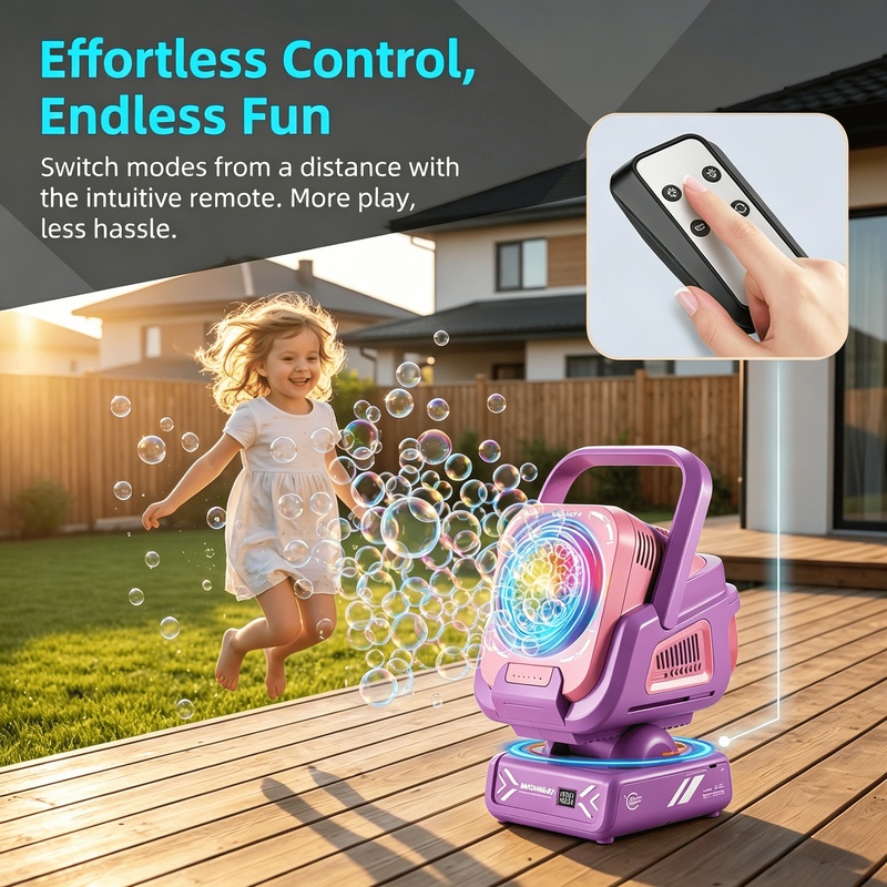 Diese verbesserte Seifenblasenmaschine von 2026 verfügt über eine Fernbedienung, automatische Drehung und RGB-Lichter. Es unterstützt das beladen über USB-C mit integrierter Funktion.