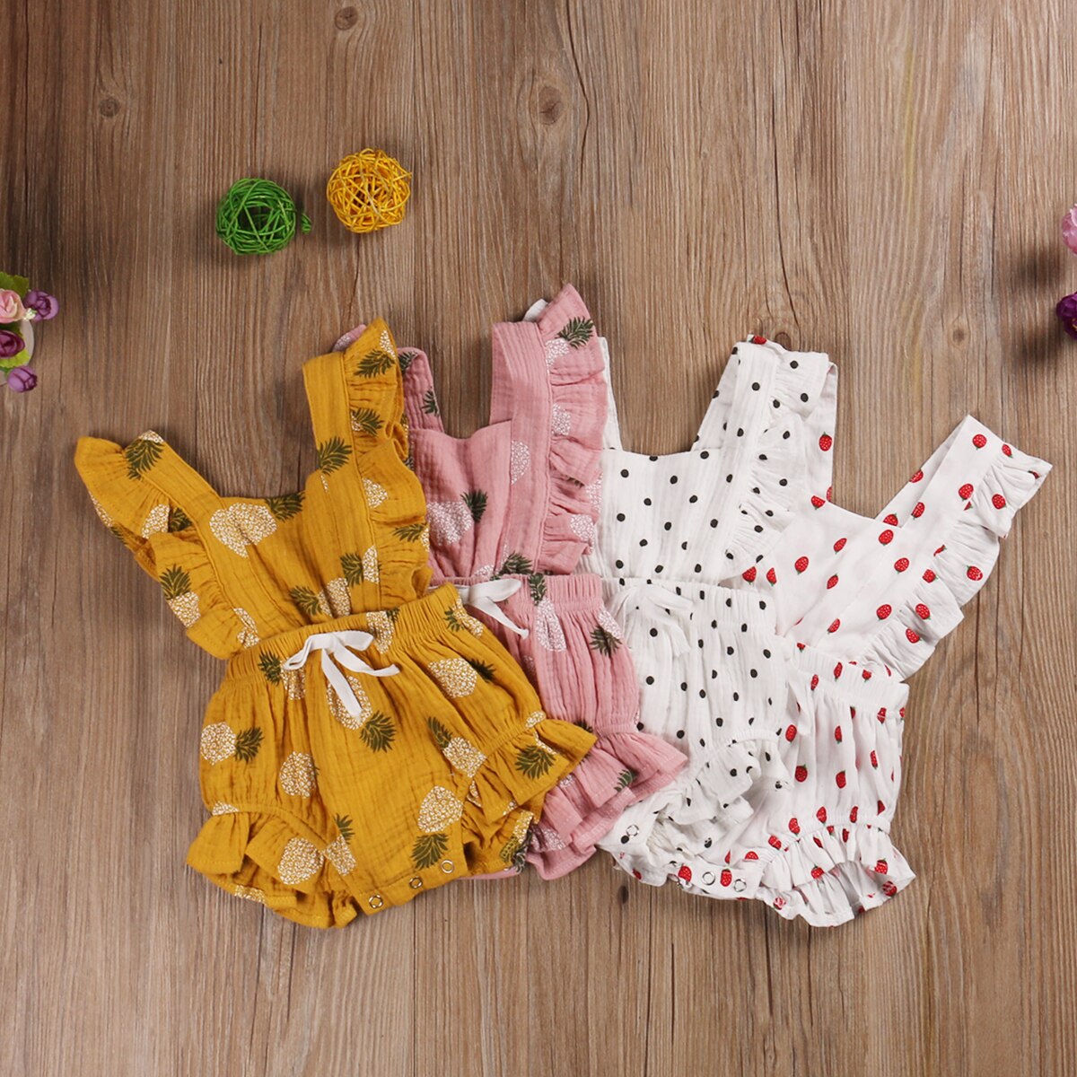 4 Kleuren 0-24M Nieuw Zomer Kids Baby Meisjes Jongens Romper Ananas Polka Print Ruches Mouwloze Jumpsuits Hoofdband