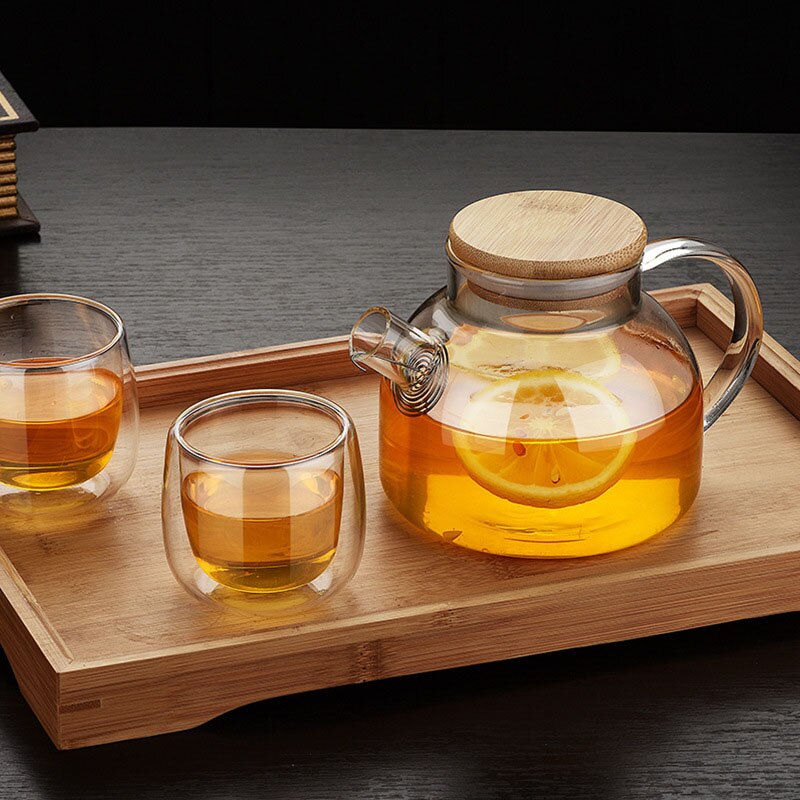 Tea Pot Set Heat Resistant Glass Tea Water Pot With Wooden Cover Coffee Tea Heating Cold Kettle Cup Tea Set