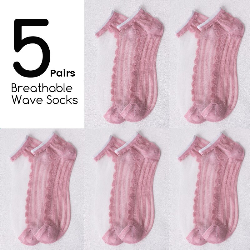 5Pairs/Lot Women Socks for summer Ultra-thin Transparent Cass Glass fiber Silk Socks daisy Flower Japan Ankle Socks: 387-wave