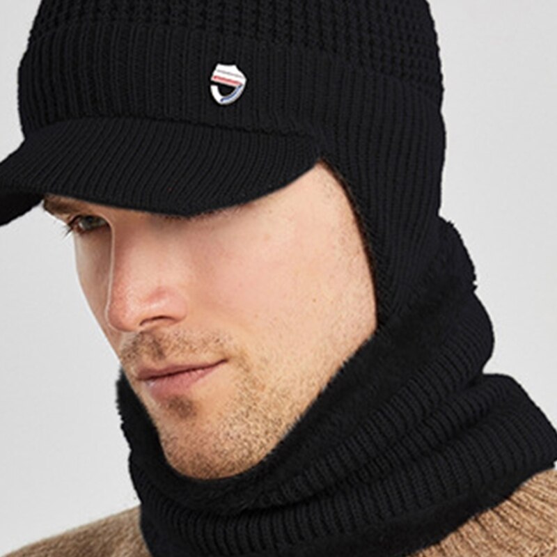 Heren winter 2 -delige set met klep, oorkleppen, muts en cirkelsjaal, gebreide dikke, pluche voering, skullies baseballpet, winddicht