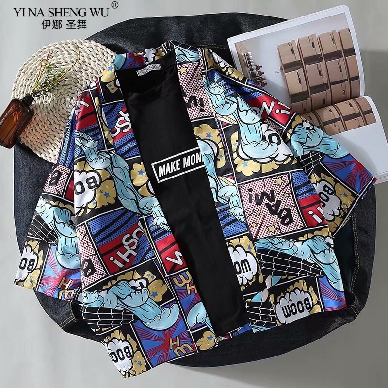 Japan Style Print Vintage Harajuku Blouse Sunscreen Cartoon Shirts Japanese Batwing Sleeve Yukata Women Couple Kimono Cardigan: 2 / S
