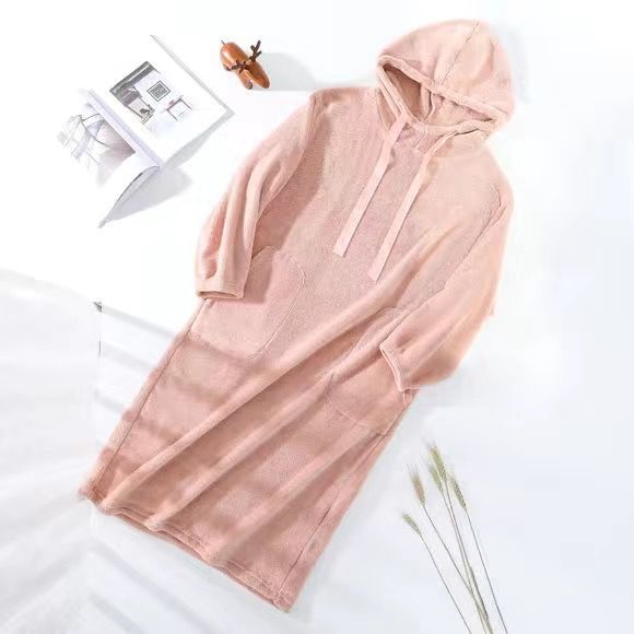 Women Nightgowns Coral Fleece Solid with Hat Drawstring Thicken Warm Home Soft Females Leisure Sleepwear Chic Trendy Sleepshirts: pink / L