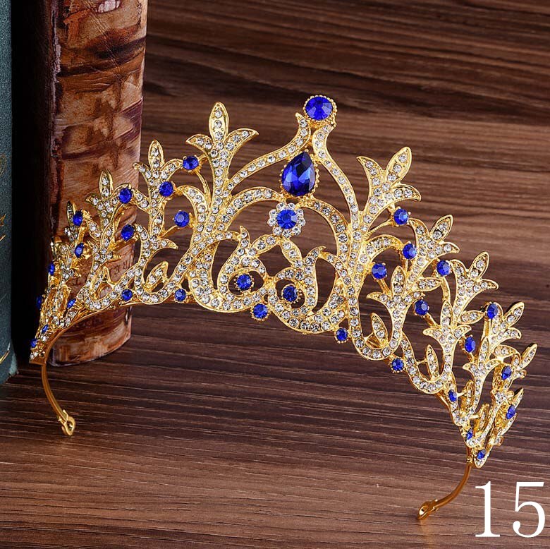 Baroque Luxury Handmade Rhinestone Bridal blue Crystal Big Crown Tiaras Diadem for Bride Headbands Wedding Hair Accessories: 15