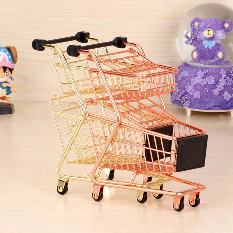 Mini Double Layers Shopping Cart Model Wrought Iron Supermarket Trolley Metal Rose Gold Storage Basket