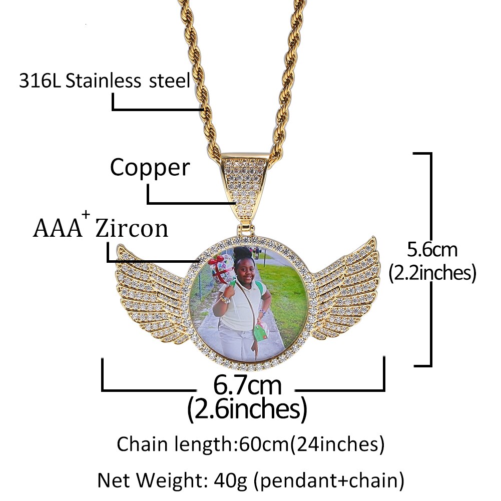 THE BLING KING Cubic Zirconia Made Photo Pendant Necklace Soild Back Full Iced Out Wing Round Tag Hiphop Jewelry