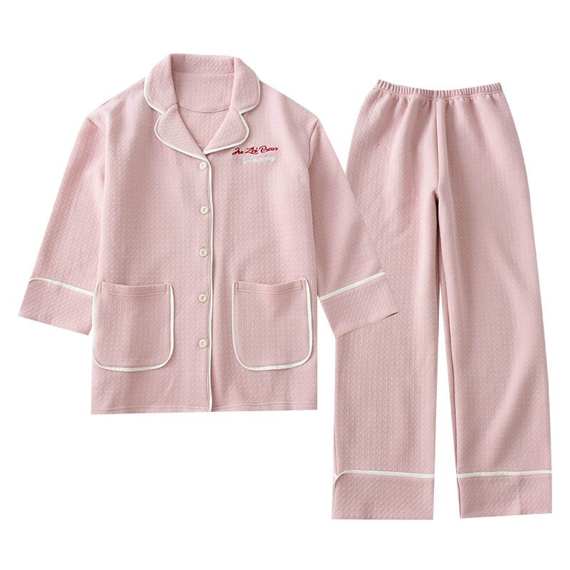 Conjunto de pijamas de algodón para mujer, ropa de dormir cálida de invierno, con bordado de letras, traje de manga larga y pantalones,