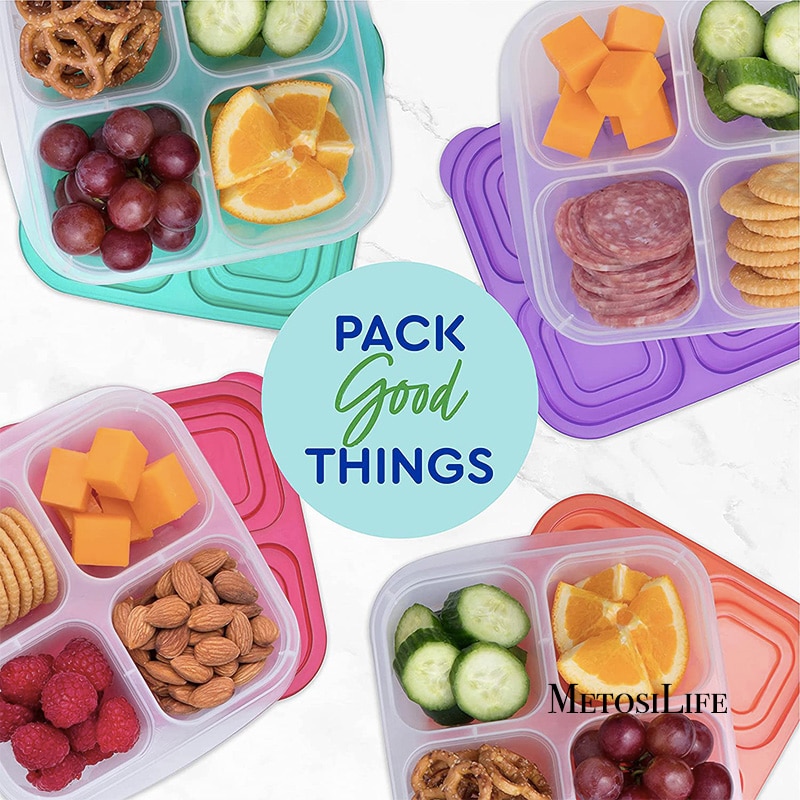 Plastic Bento Snack Box Reusable 4 Compartments Leakproof Food Meal Prep Containers for School,Work And Travel Dishwasher Safe