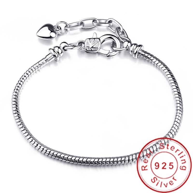 Original 925 Sterling Silver Snake Chain Bracelet Heart Fit Beads Charms Bracelets For Women Statement DIY Jewelry: 23cm / Imitation Rhodium Plated