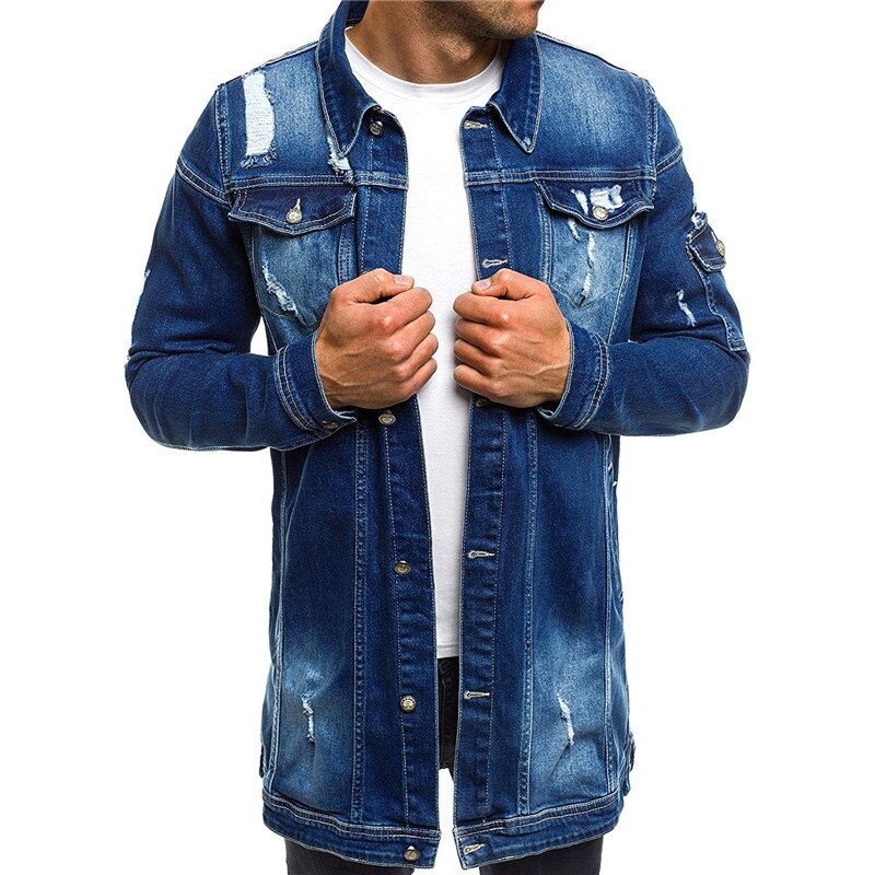 Idopy herre denim jakke bomber jakke long street vintage biker slim fit nødlidende hul rippet cowboy mandlige jean jakke og frakke: Blå / L